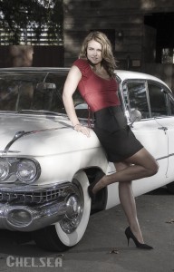 Beautiful Leggy Brunette with 1959 Cadillac