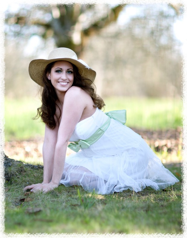 Beautiful-Brunette-Bare-legs, strapless summer dress in the orchard