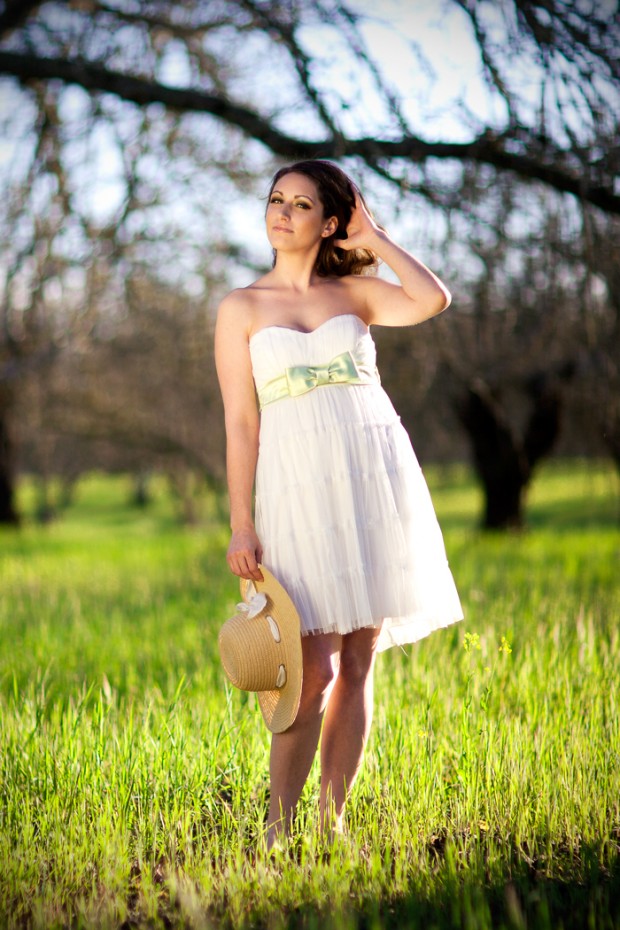 Beautiful-Brunette-Bare-legs, strapless summer dress in the orchard